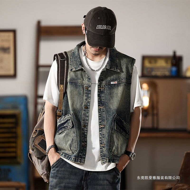 Stylish Trendy Denim Vest for Men, American Retro Workwear Vest, Spring and Autumn Casual Outdoor Loose Vest Stylish Trendy Denim Vest for Men, American Retro Workwear Vest, Spring and Autumn Casual Outdoor Loose Vest