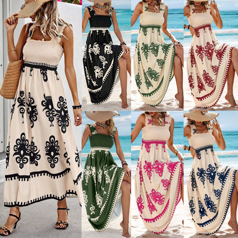 2024 European and American New Women's Clothing Amazon Best-Selling Women's Beach Dress Holiday Style Printed Strapless Dress
