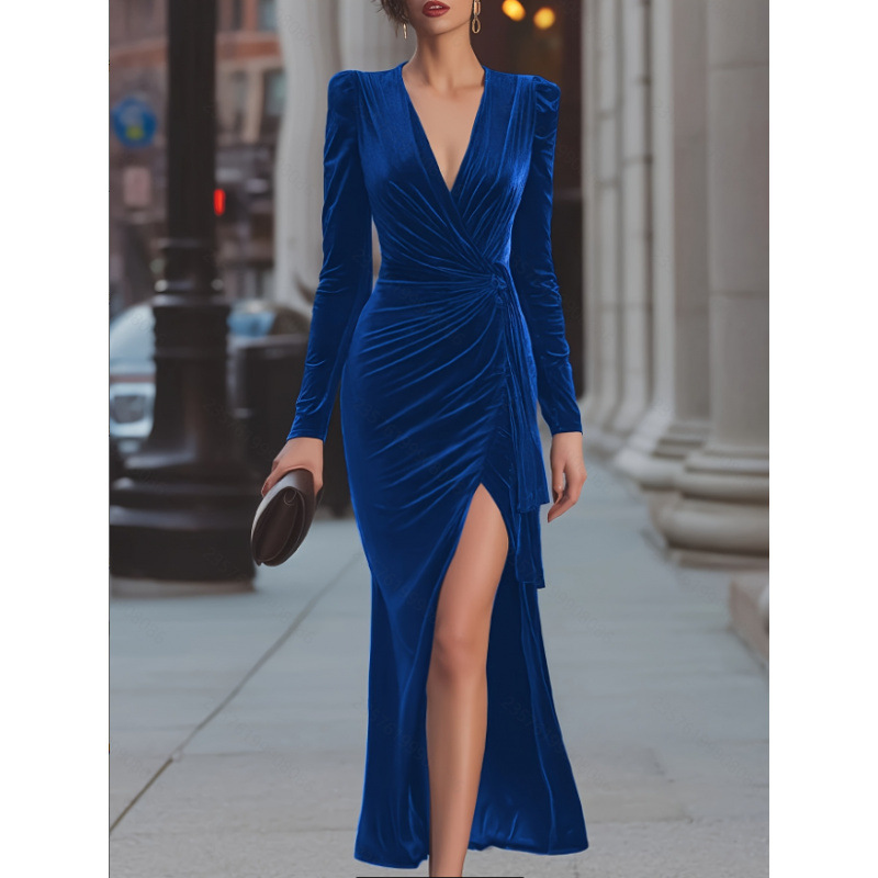 Women's Autumn and Winter Elegant and Sexy Deep V-Neck Waist-Cinching Slit Long-Sleeve Velvet Dress Suitable for Evening Parties