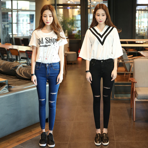 Women's Spring Summer High-Waisted Frayed Denim Jeans Short Length Korean Style Slim Fit Elastic Mini Pants