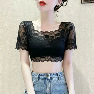 气质蕾丝短袖打底衫女优雅方领短款抹胸内搭大码防走光夏季小衫