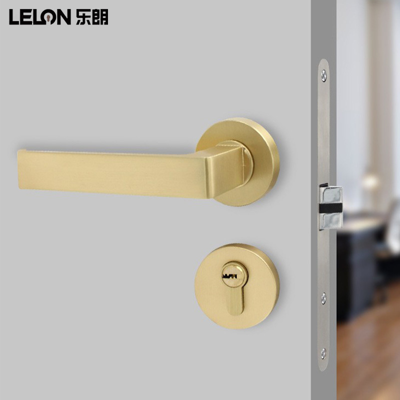 Cerradura de Puerta Interior de Lujo, Silenciosa, con Manija Sólida de Aleación de Zinc en Oro Cepillado, para Puerta de Madera Maciza de Dormitorio