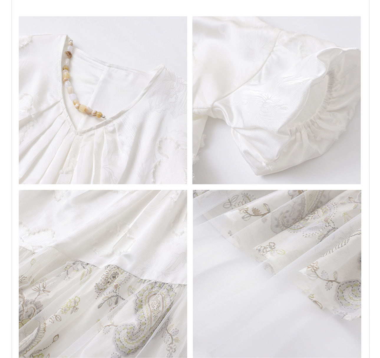 Váy maxi nữ phối hoa phong cách quốc gia cao cấp, chất rayon sang trọng, tay ngắn, thắt eo — Màu trắng, Màu mơ cà phê chi tiết 10