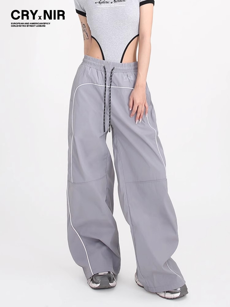 Pantalones deportivos casuales de pierna ancha americana 2025 nuevos pantalones de trapeador sueltos con cordón retro