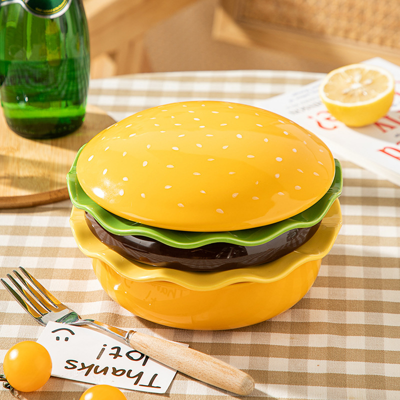 かわいいスタイルのハンバーガー丼プレート食器セットサラダボウルデザートプレートスナックプレートセラミック釉下カラー漫画|undefined