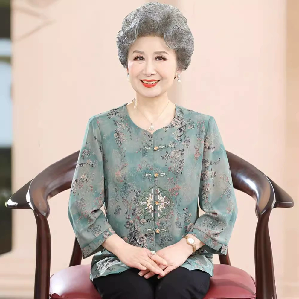 Бабушка летняя рубашка тонкая средняя и пожилая люди с семью рукавами вышитый кардиган 60-летняя мама лето 70 пожилая одежда