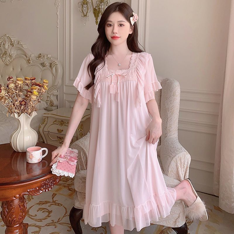 Pure Desire Court Nightdress with Chest Pad Summer Short Sleeve Lace Princess Cute Sweet Girl Sexy Pajamas Home Clothes Pure Desire Court Nightdress with Chest Pad Summer Short Sleeve Lace Princess Cute Sweet Girl Sexy Pajamas Home Clothes