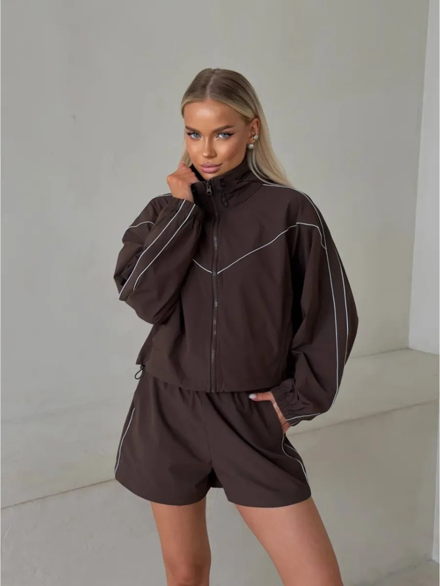 Women's Two Piece Set Solid Long Sleeve Zip Up Cardigan And Shorts_voghion.com