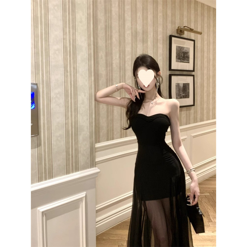 Elegant High-End Black Hot Girl Mesh Design Tube Top Dress with Backless Summer New Slim Mid-Length Skirt