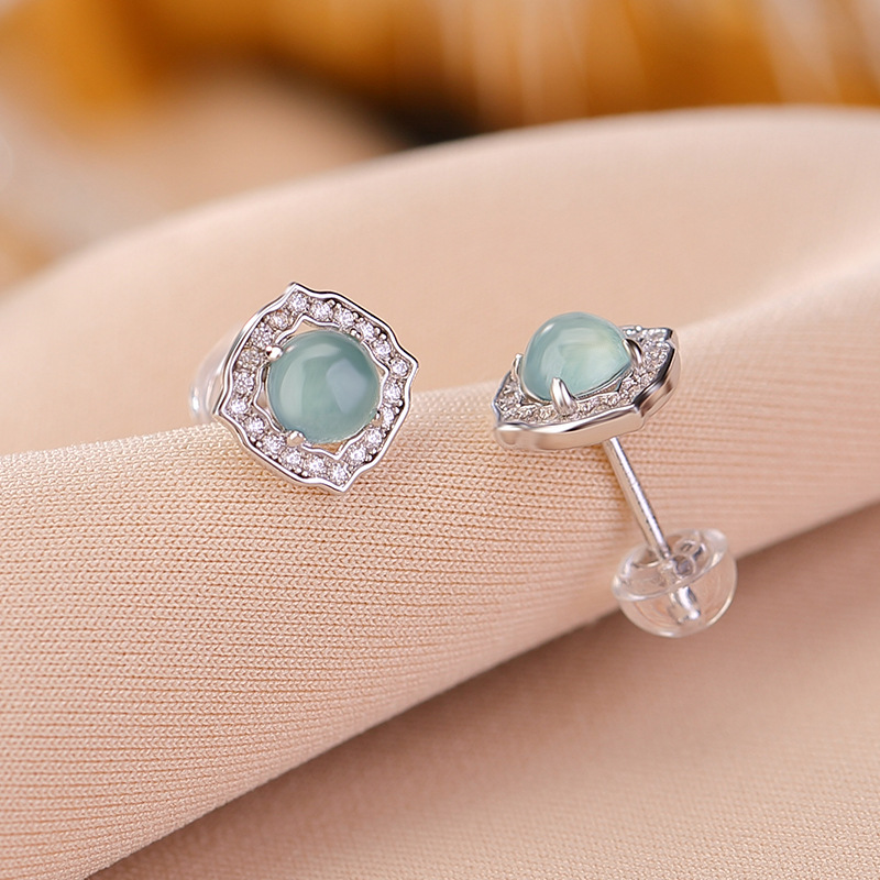 Bông tai bạc S925 đính ngọc bích xanh dạng hạt tròn hình vuông rỗng — Mẫu ngọc bích nước xanh