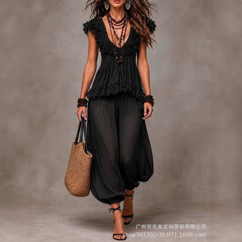 2026 Summer New European and American Style Black Chiffon Pleated Lace Bohemian Style Lace Top and Harem Pants Set