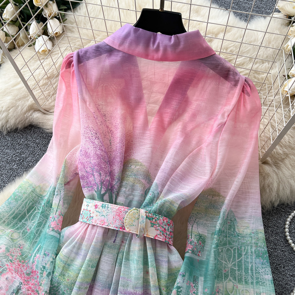 Women's French Romantic Gradient Print Dress Long Sleeve Single Breasted Button down Waist Tie Elegant Long Summer Dress_ecoleips.com