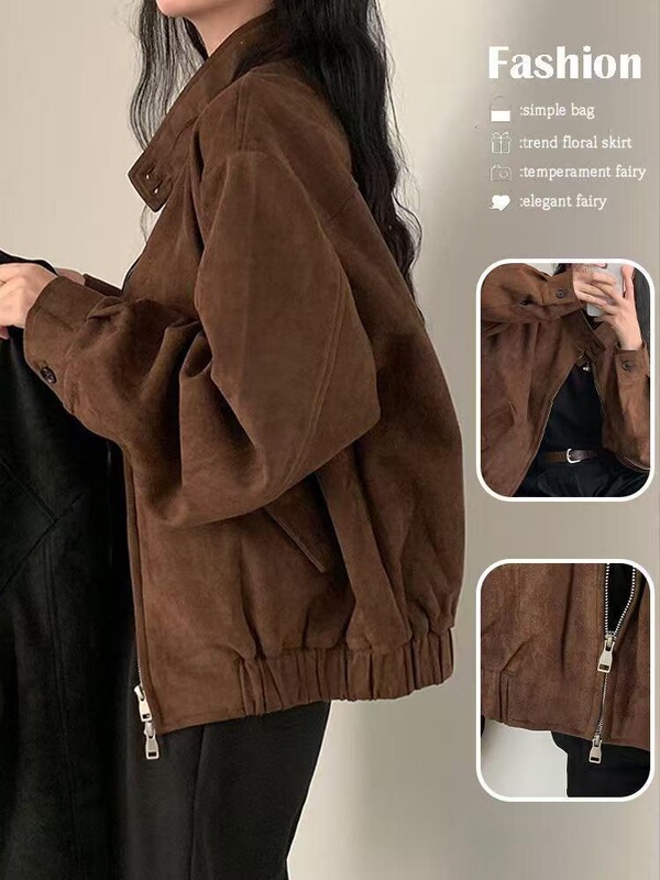 2024 Spring and Autumn New Collection: Women's Faux Suede Jacket, American Retro Style, Short and Loose Fit, Slimming Effect 2024 Spring and Autumn New Collection: Women's Faux Suede Jacket, American Retro Style, Short and Loose Fit, Slimming Effect