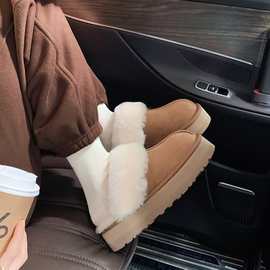 现货牛皮~加厚绒包头半拖鞋女外穿真皮雪地靴羊皮毛一体面包棉鞋