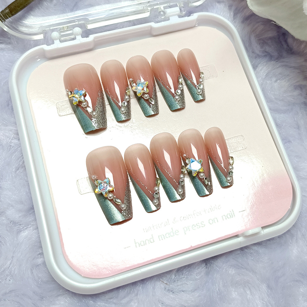 Juego de 10 piezas de puntas de uñas con forma de ballet, uñas postizas hechas a mano estilo francés con efecto estrella, uñas postizas iridiscentes con efecto ojo de gato y diamantes de imitación. image 4