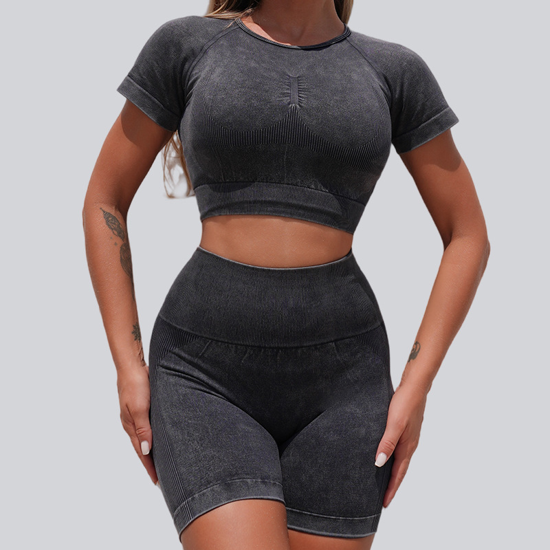 Nuevos pantalones cortos transfronterizos con umbilical abierto, yoga, elevación de cadera, cintura alta, Amazon, ropa de mujer apretada europea y americana, mangas cortas