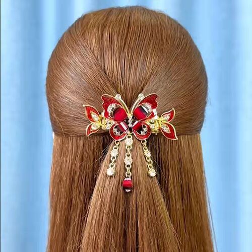 Ethnic Fengshui Diamond Hairpin Small Horizontal Clip Crab Clip Back of Head Headdress Butterfly Tassel Hair Clip Elegant Temperament