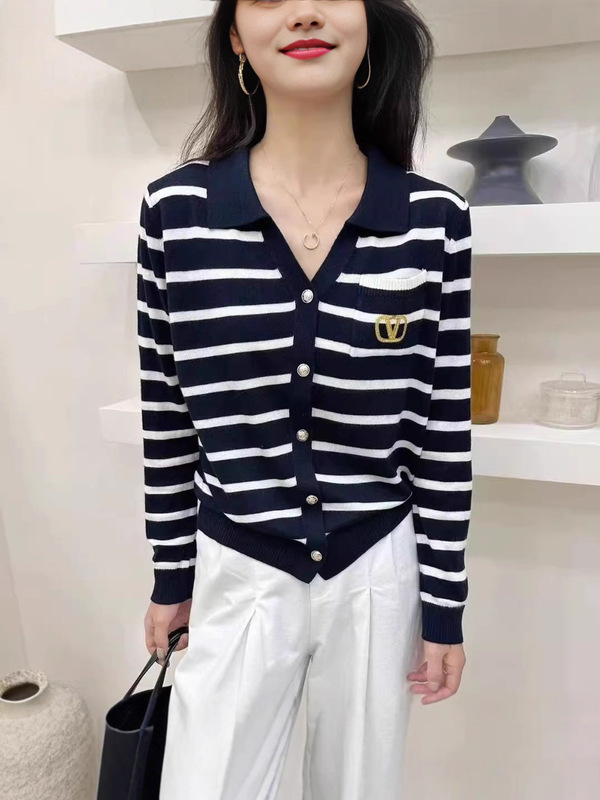 小香风时尚气质翻领长袖针织开衫百搭女毛衣秋冬新款V领条纹上衣|undefined