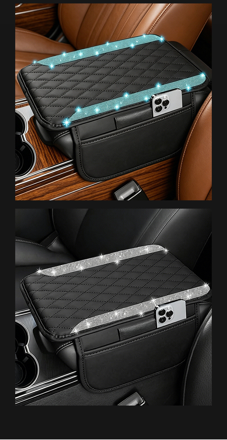 Cross-Border Central Armrest Box Mat, New Diamond Leather Hot-Selling Car Armrest Mat, High-End Armrest Mat with Storage Bag