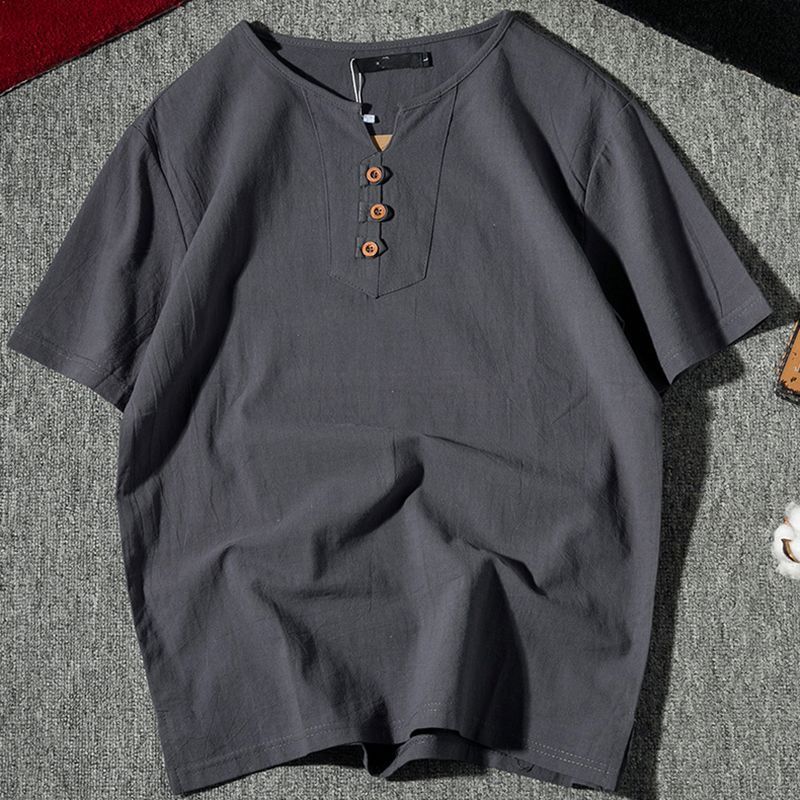 Camiseta de manga corta de algodón y lino de verano para hombre, camiseta suelta de media manga, ropa con cuello en V de lino de marca de moda china para hombre image 10