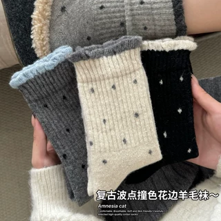 波点纯棉袜子女秋冬季灰色中筒袜加厚保暖羊绒全棉袜复古花边长袜