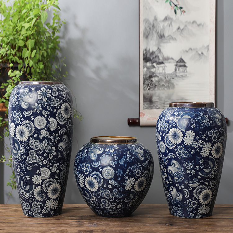 家居裝飾品擺件景德鎮陶瓷花器現代簡約陶瓷花瓶復古青花瓷蝶戀花
