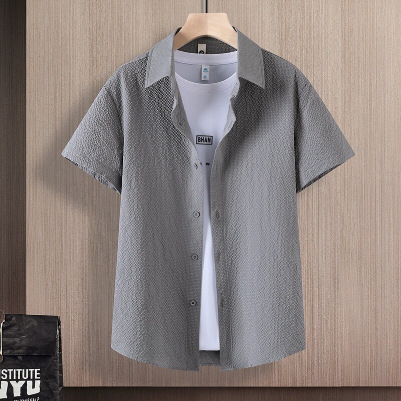 Ice Silk Short-Sleeved Shirt Men's Casual Pure Color Thin No-Iron Anti-Wrinkle Simple Loose Lapel Breathable Seersucker Shirt