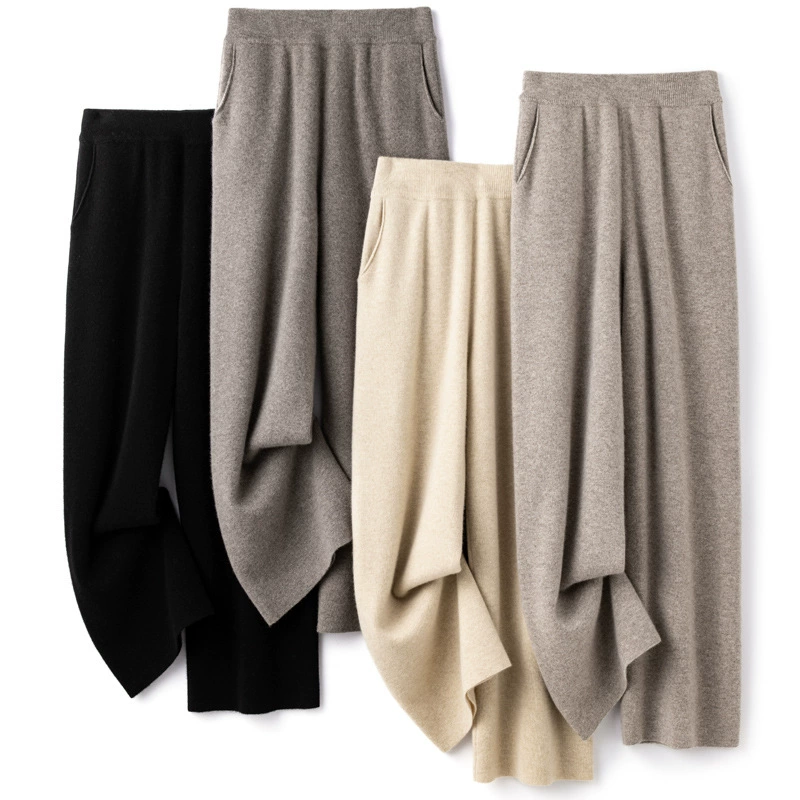 Осенне-зимние новые женские широкие брюки из чистой шерсти 100 с карманами, универсальные модные широкие брюки с драпировкой и высокой талией