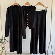 跨境秋冬针织开衫女新款韩版慵懒风宽松感软糯毛衣背心三件套装女