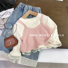 女の子春服2025新型洋気砕花シャツ春秋ファッション長袖tシャツストラップ2点セット上着
