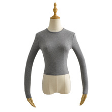 基础款简约纯色上衣修身短款打底衫女欧美秋季性感圆领长袖T恤