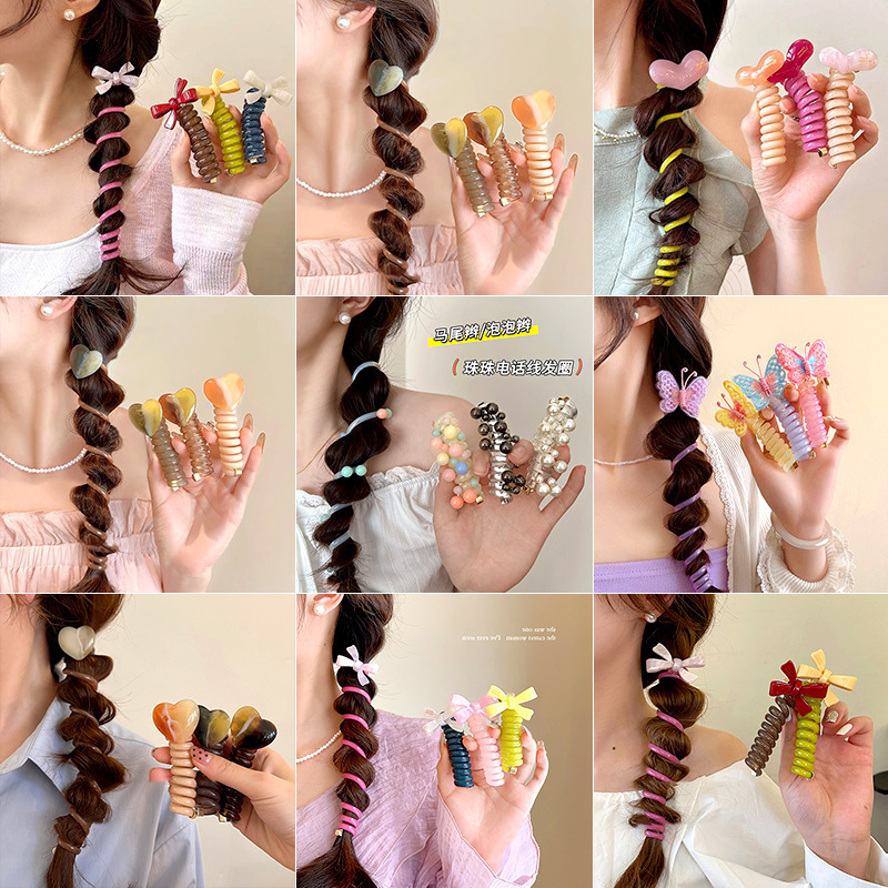 甘いガーリーハート高弾性電話コードヘアバンド夏耐久性のある編組ヘアアーティファクトラブバブル編組ヘッドバンド|undefined