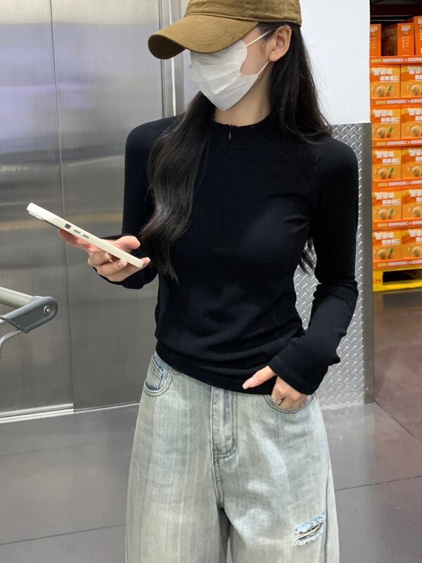 加厚加绒紧身拉链打底衫女2025新款秋冬长袖立领短款内搭T恤上衣|undefined