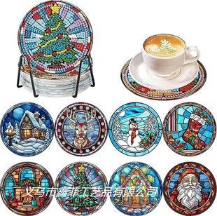 New Hot 8 pieces Diamond painting coaster suit with stand, DIY Christmas diamond art coaster kit