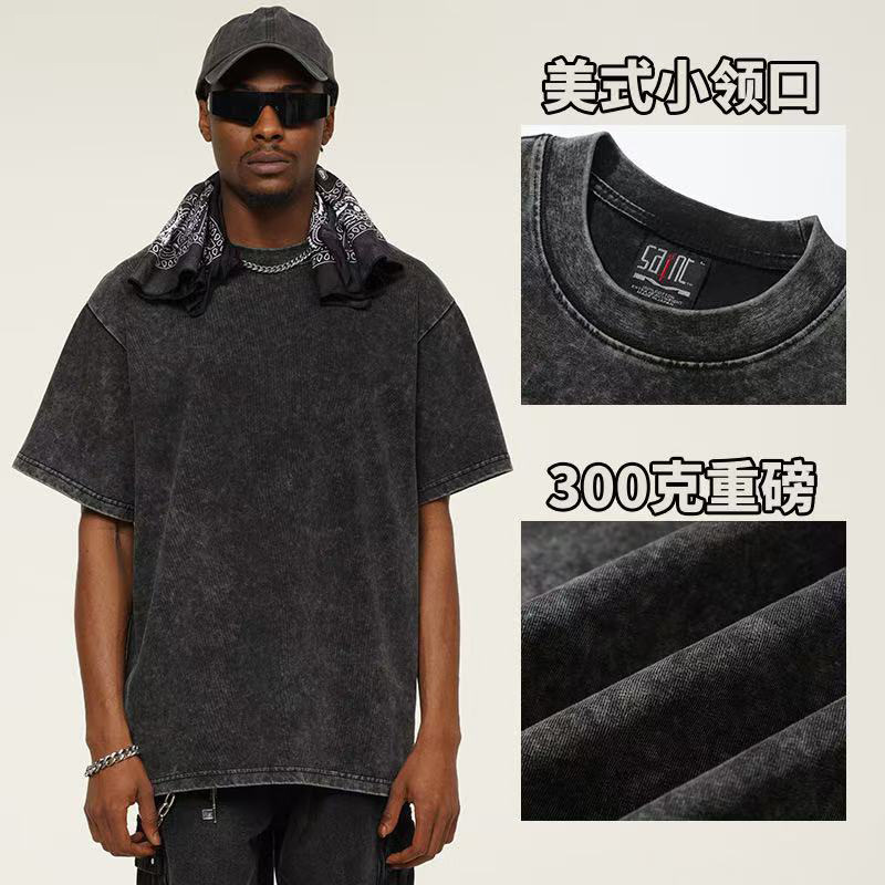 Europa y los Estados Unidos 300G pesado cuello redondo hombro caído camiseta de manga corta para hombres Europa y los Estados Unidos marca de moda de gran tamaño retro lavado con agua hacer camiseta vieja