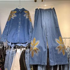 重工花朵烫钻牛仔长袖衬衣+大码设计感宽松时尚松紧腰阔腿裤套装