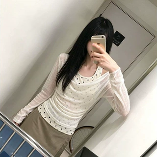 秋季新款甜辣风波点挂脖长袖T恤女假两件设计感修身显瘦气质上衣