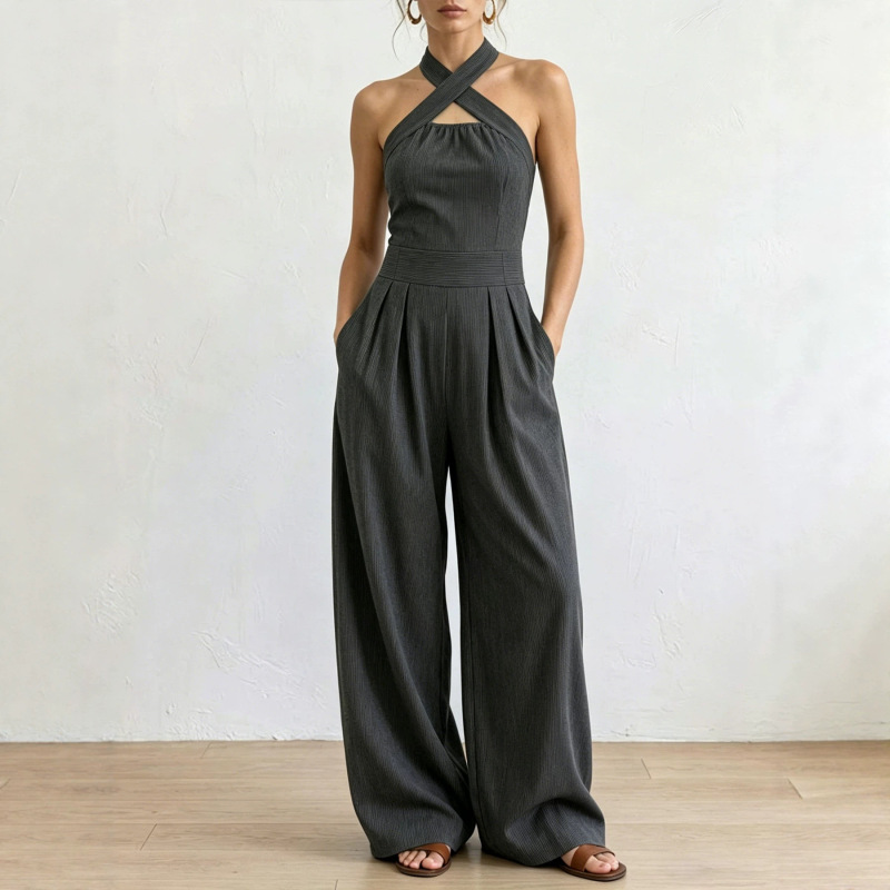 Cross-Border Amazon 2026 Summer Cross-Halter Straight-Leg Jumpsuit, Elegant and Slimming Sleeveless Halter-Style European and American Women's Fashion