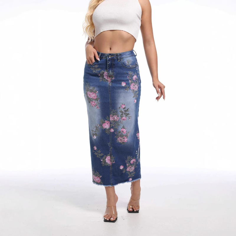 Factory direct European and American cross-border printing medium-length denim skirt women's 2025 spring and summer new plus size women's denim skirt