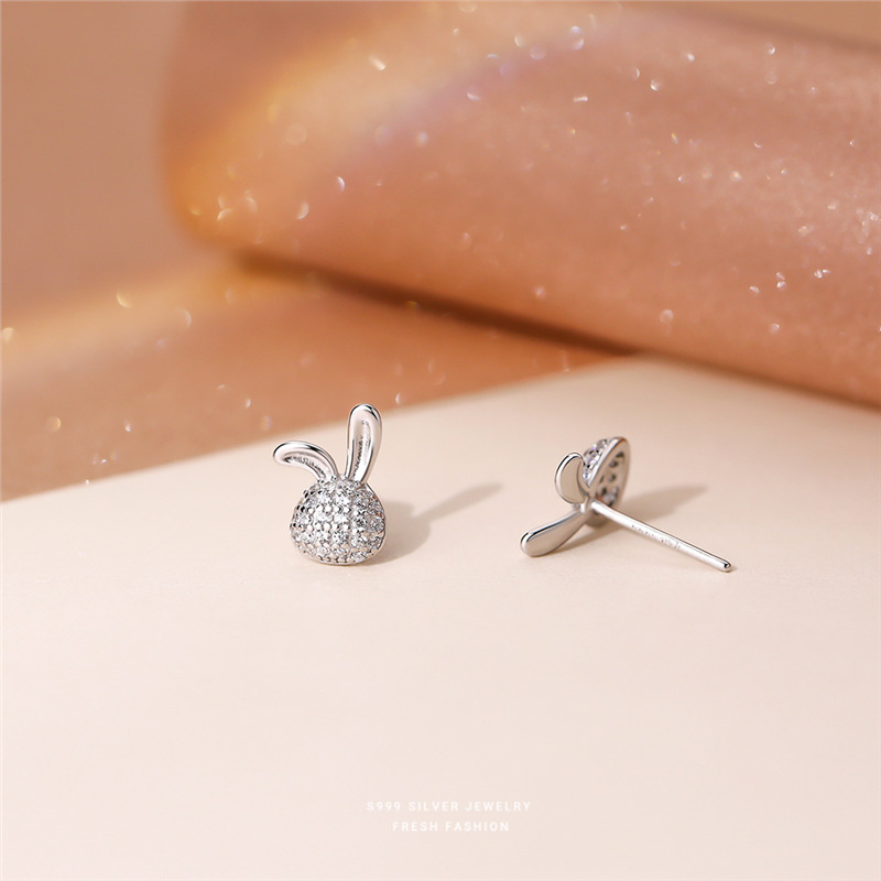Rabbit Stud Earrings In 999 Silver With Zircon Stones For Women_voghion.com