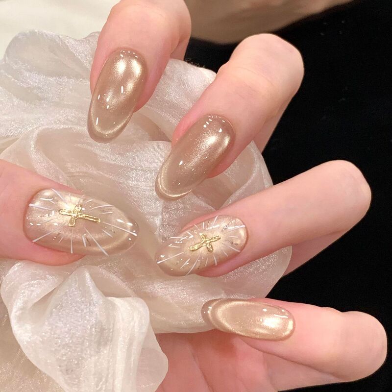 [Golden Holy Light] High-End Crow Heart Pure Handmade Wearable Nails Long Wholesale Manicure Patches Fake Nails