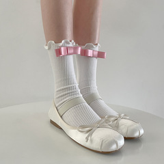 Spring and summer new ballet style satin one-word bow girl's sweet milky white fungus-edged cotton calf socks
