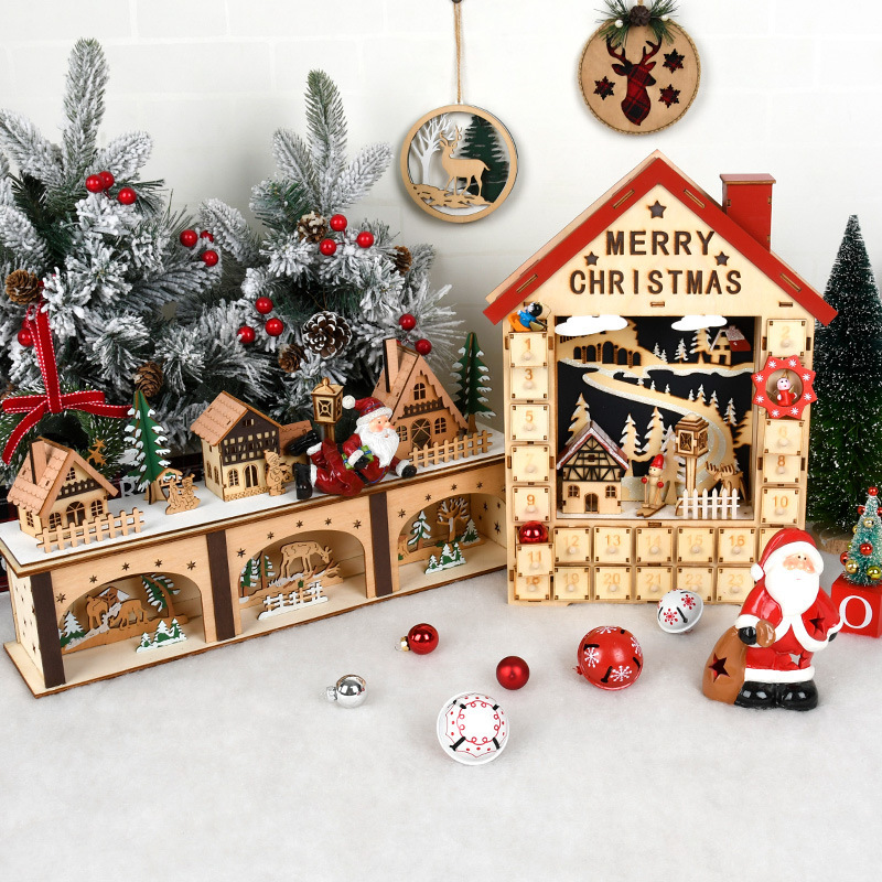Navidad decoración de Navidad luminosa calendario de madera hecha a mano caja de tiempo decoración ventana de decoración escritorio