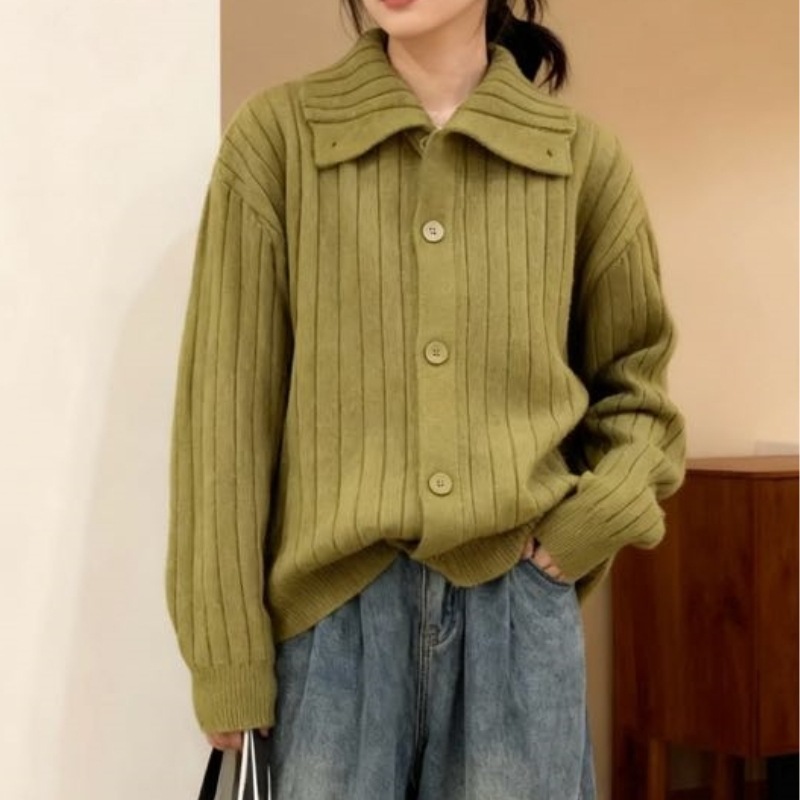 条针织翻领单排扣竖开衫女2024秋冬新款宽松慵懒风女装毛衣外套潮