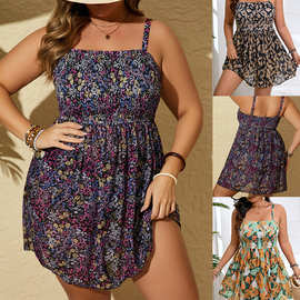 2026新款欧美大码跨境数码印花网纱裙式遮肚显瘦比基尼分体泳装女