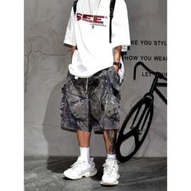美式街头痞帅纯色运动短裤男宽松潮牌抽绳立体钢印健身五分裤中裤