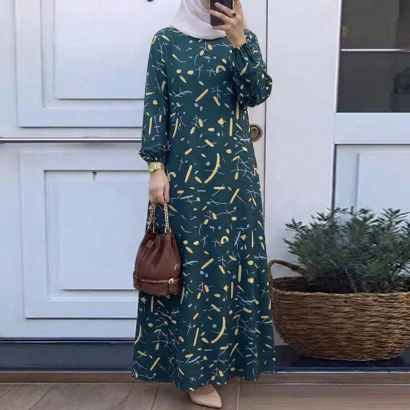 In-Stock Cross-Border New Style Printed Malay Dress with Full Sleeves and Round Neck, Long Gown, Factory Wholesale In-Stock Cross-Border New Style Printed Malay Dress with Full Sleeves and Round Neck, Long Gown, Factory Wholesale