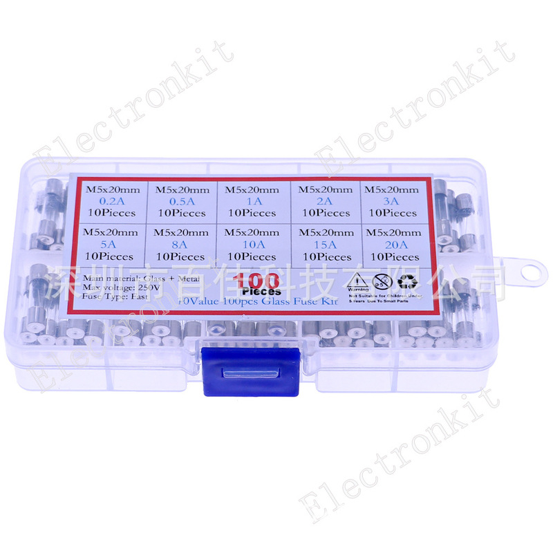 100 boxed 5x20mm glass fuse 0.2A ~ 20A safety tube