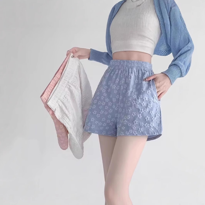 Solid Color Floral Shorts for Women, Summer Thin Casual Wide-Leg Mid-Length Shorts, Sweet Petite Summer Hot Pants