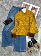 南油女装轻奢交织提花拼貂毛棉服人丝提花拼水貂毛棉服外套新中式